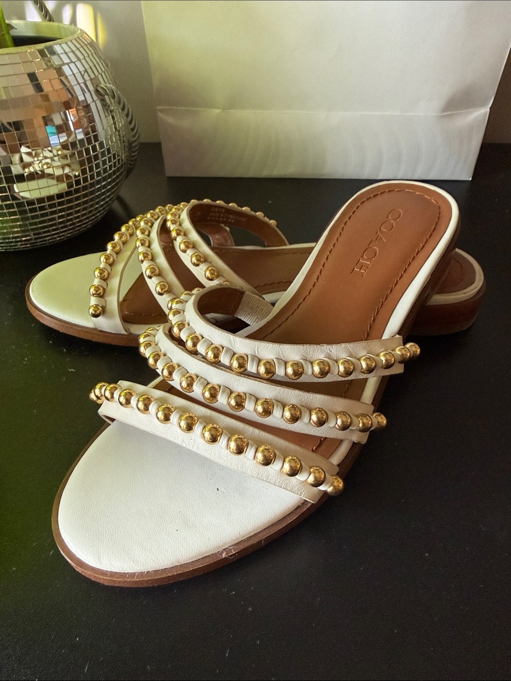 Coach White Leather Slide Sandals with Gold Studs